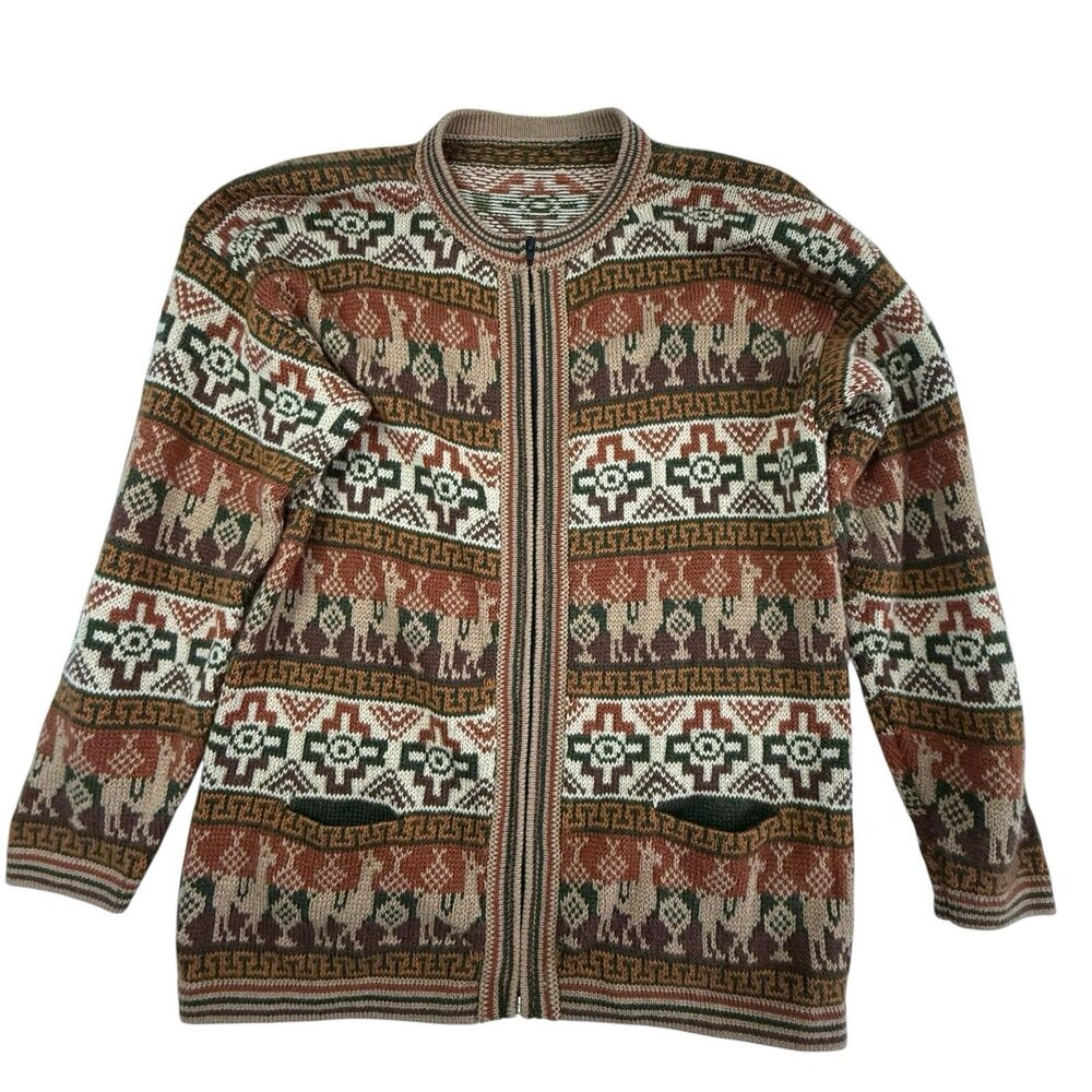 Alpaca Llama Zip Sweater Jacket Women M L Brown Handmade Long Sleeve